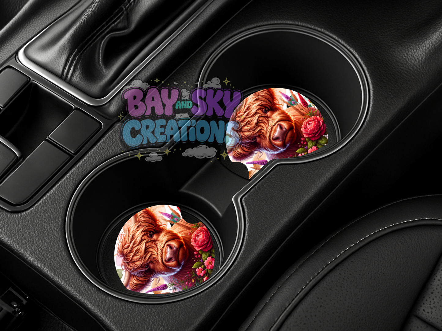Highland Cow Rose Car Coasters
