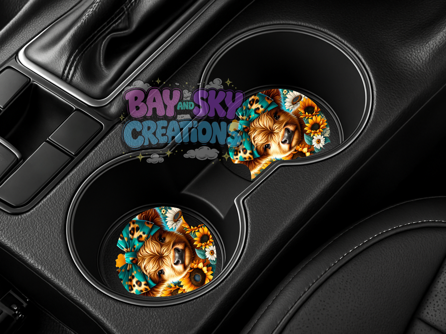 Sunflower Highland Cow Car Coasters