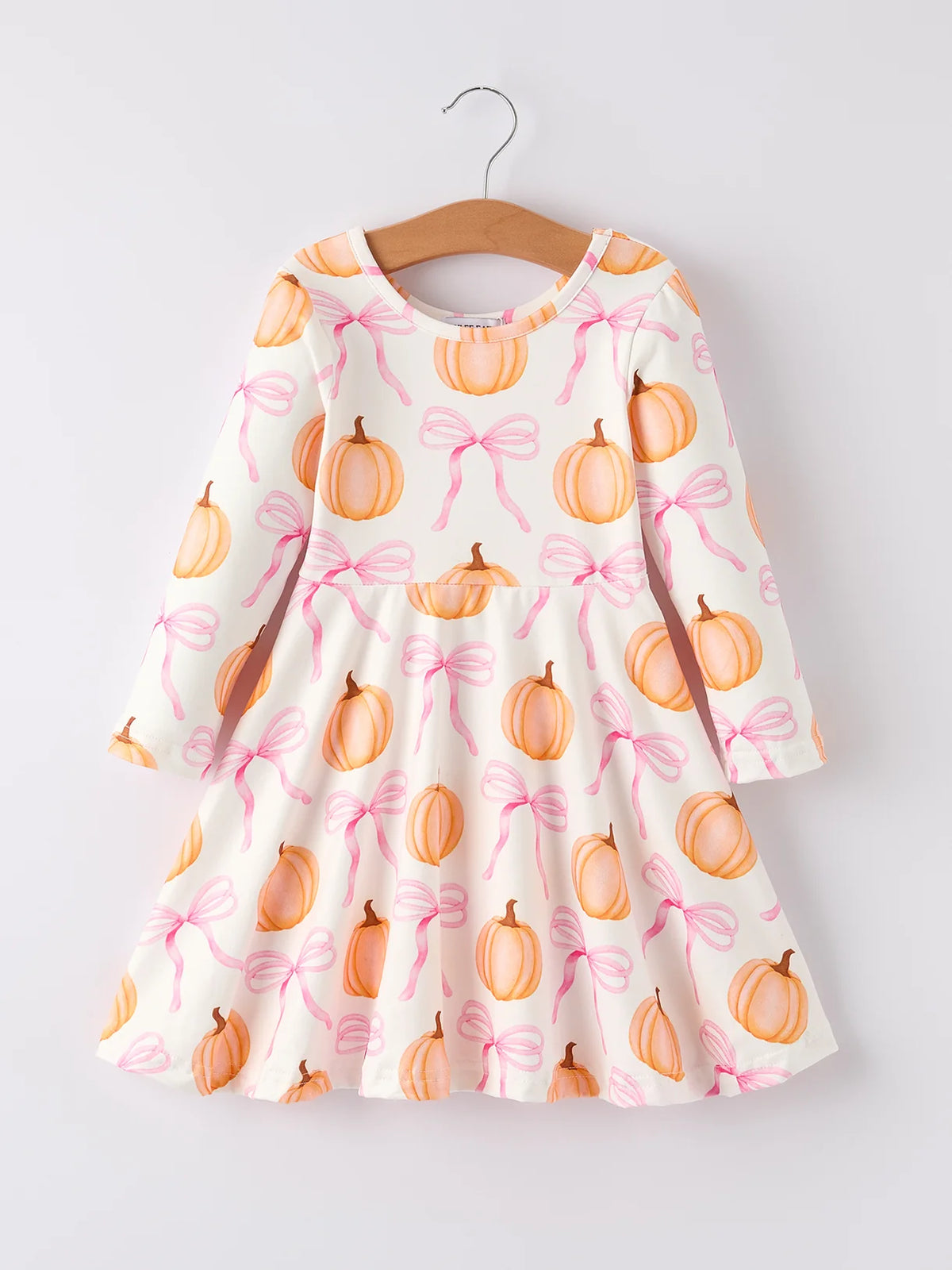 Fall Thanksgiving Pumpkin Bow Print Long Sleeve Dress