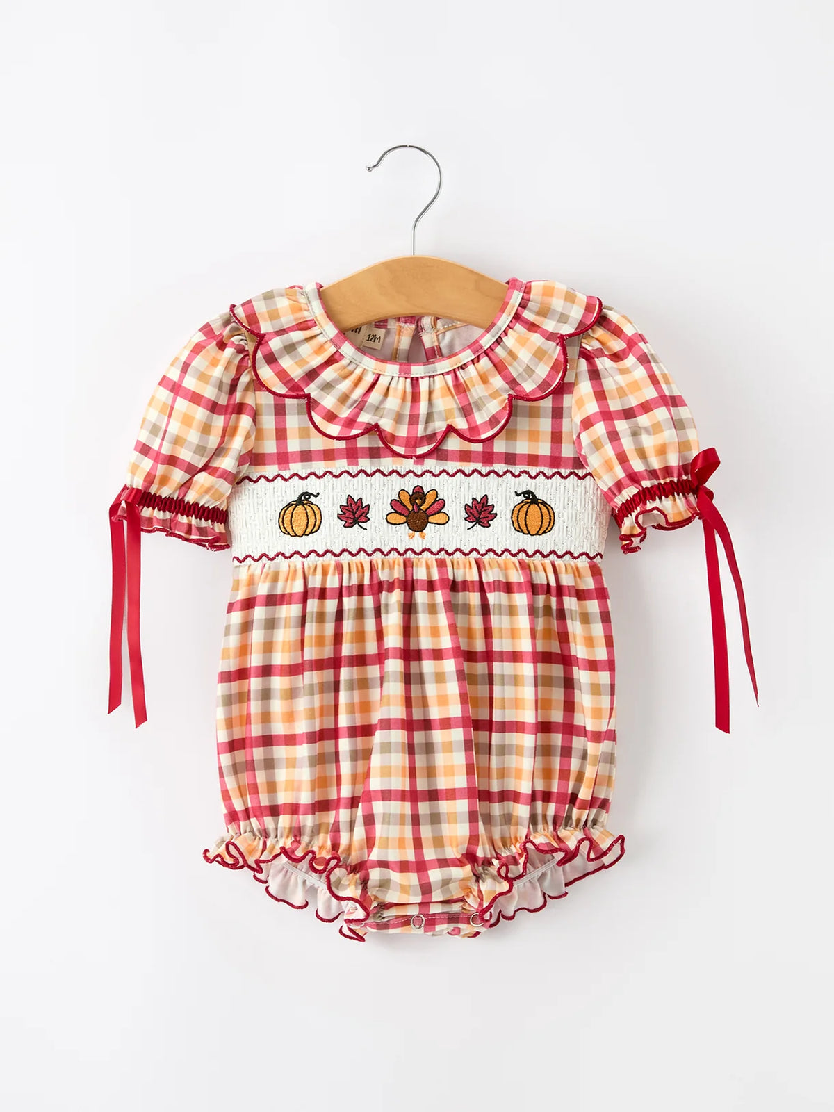 Thanksgiving Turkey Pumpkin Maple Leaf Plaid Baby Girls Romper