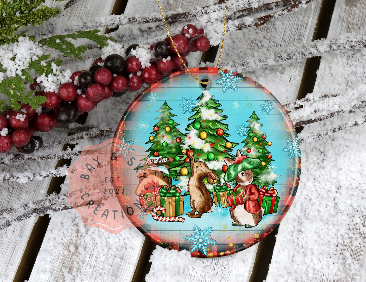 Rabbit, Present, & Christmas Tree Christmas Ornament