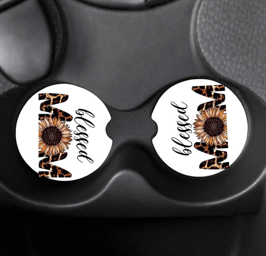 Sunflower/Cheetah Blessed Mom Car Coasters