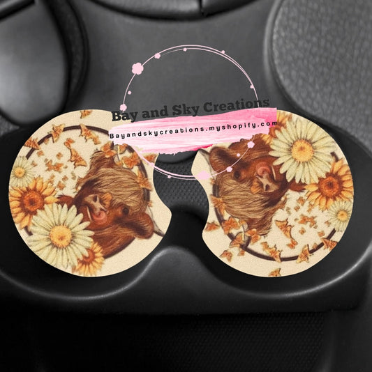 Cow sunflower car coaster